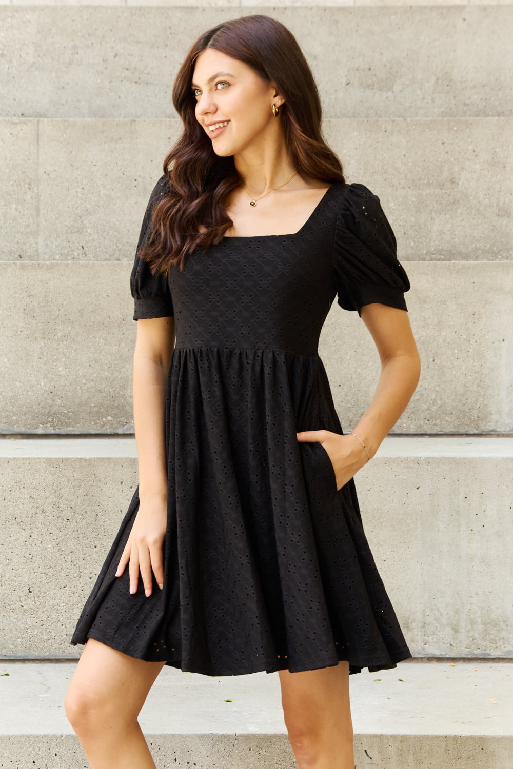 Square Neck Eyelet Mini Dress - Global Village Kailua Boutique
