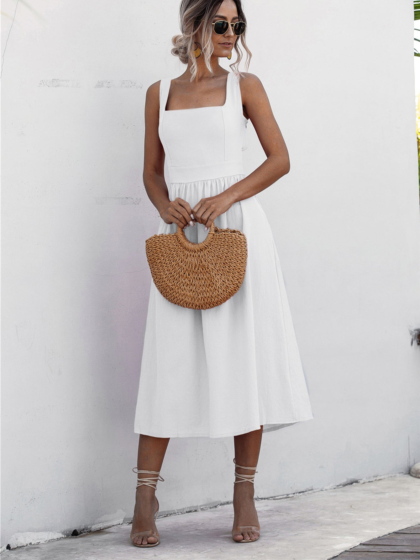 Square Neck Sleeveless Smocked Midi Dress - Global Village Kailua Boutique