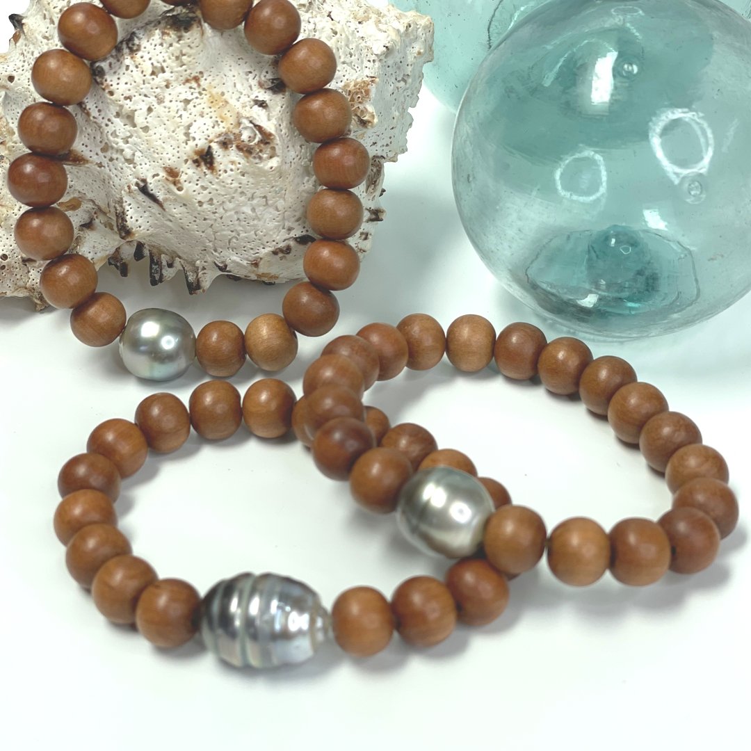 Tahitian Pearl Sandalwood Bead Bracelet - Global Village Kailua Boutique