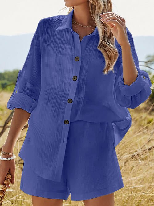 Texture Button Up Shirt and Shorts Set - Global Village Kailua Boutique