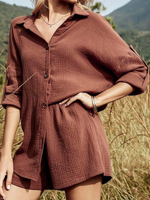 Texture Button Up Shirt and Shorts Set - Global Village Kailua Boutique