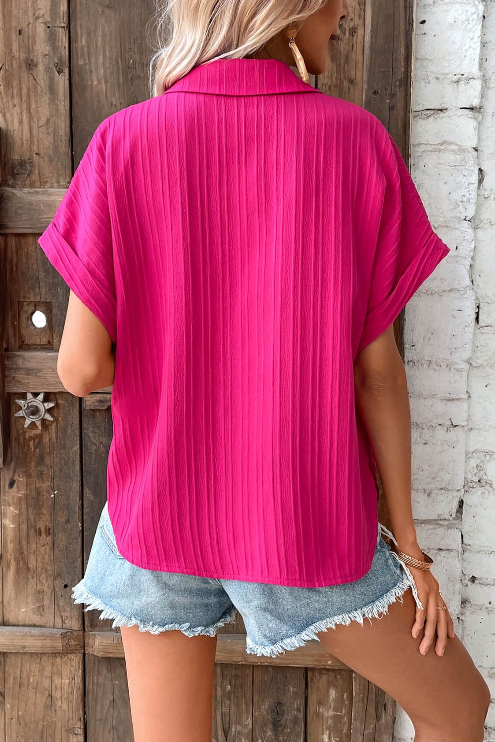 Textured Button-Up Hot Pink Shirt - Global Village Kailua Boutique