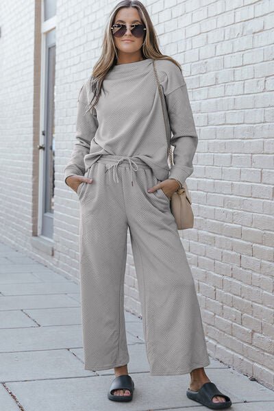 Textured Long Sleeve Top and Drawstring Pants Set Global Village Kailua Boutique