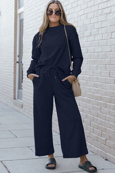 Textured Long Sleeve Top and Drawstring Pants Set Global Village Kailua Boutique