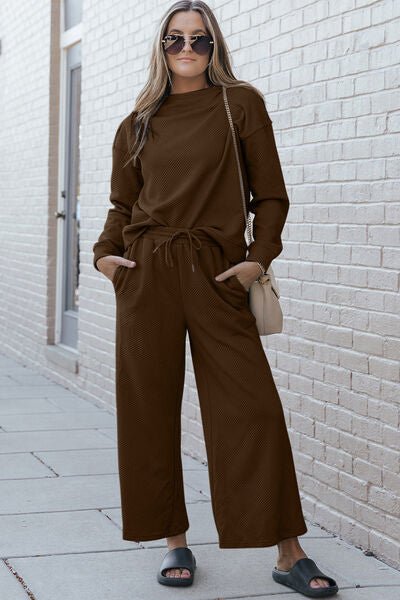 Textured Long Sleeve Top and Drawstring Pants Set Global Village Kailua Boutique