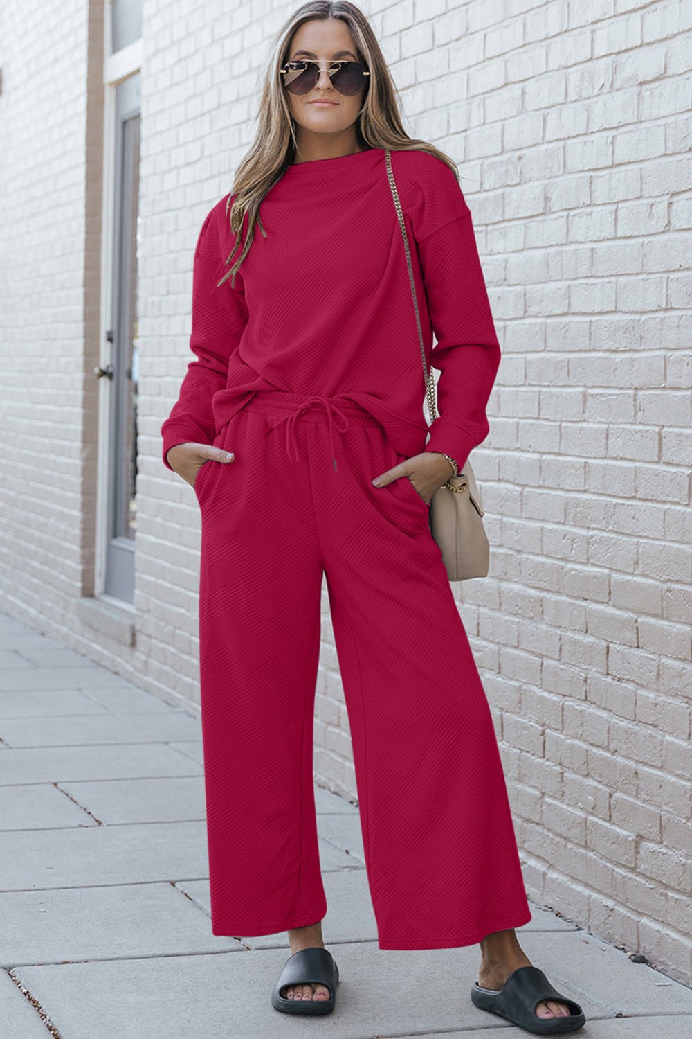 Textured Long Sleeve Top and Drawstring Pants Set Global Village Kailua Boutique