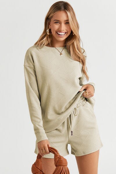 Textured Long Sleeve Top and Drawstring Shorts Set Global Village Kailua Boutique