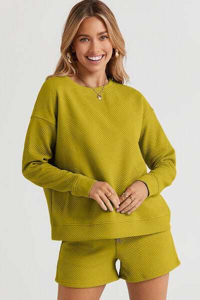 Textured Long Sleeve Top and Drawstring Shorts Set Global Village Kailua Boutique