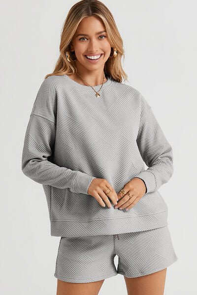 Textured Long Sleeve Top and Drawstring Shorts Set Global Village Kailua Boutique