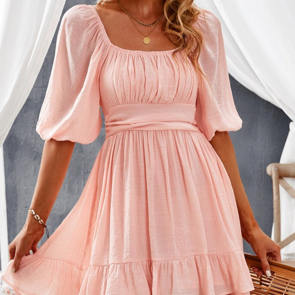Tie Back Ruffle Hem Square Neck Mini Dress - Global Village Kailua Boutique