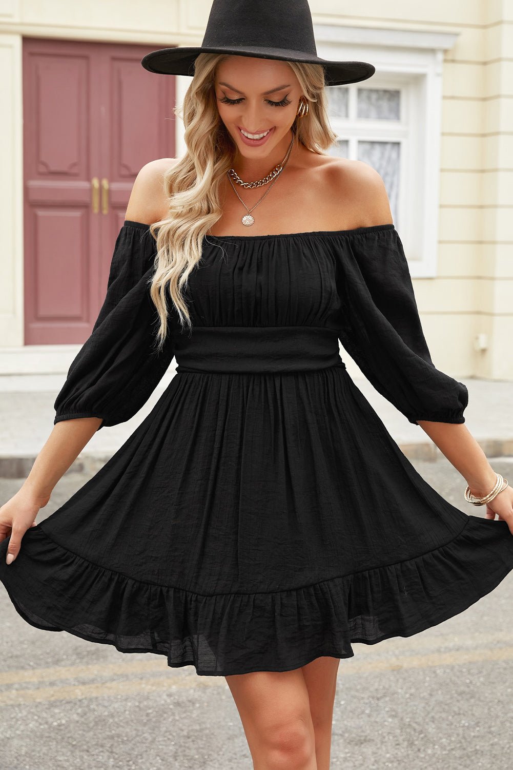 Tie Back Ruffle Hem Square Neck Mini Dress - Global Village Kailua Boutique