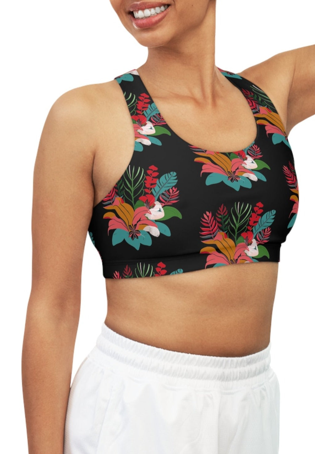 Tropical Floral Black Seamless Sports Bra - Global Village Kailua Boutique