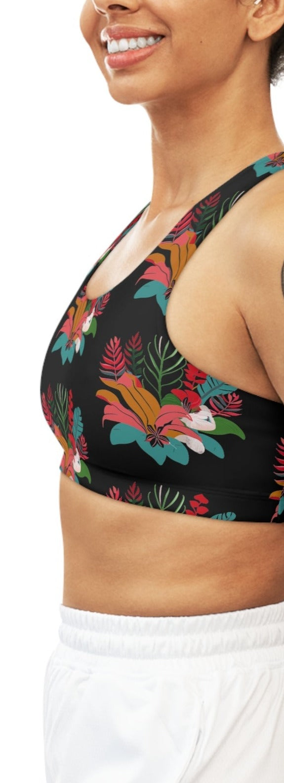 Tropical Floral Black Seamless Sports Bra - Global Village Kailua Boutique