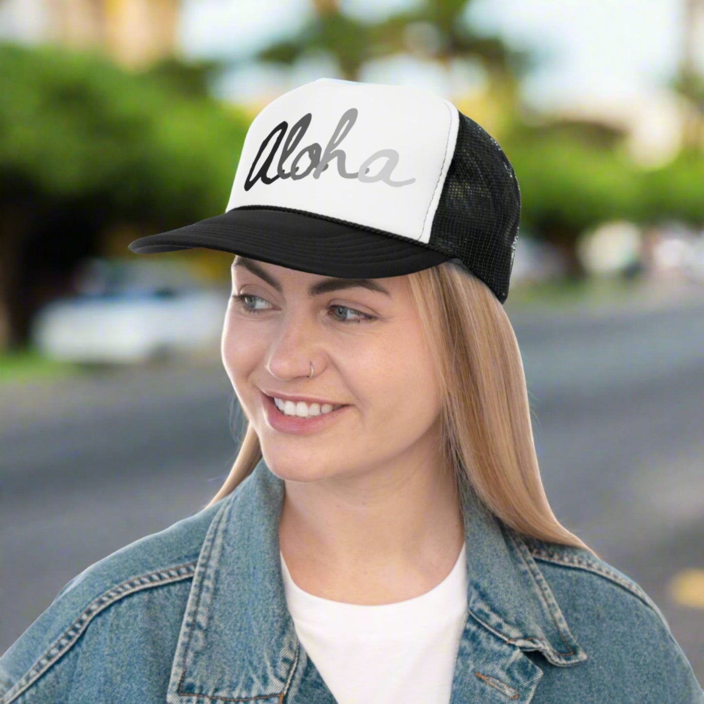 Trucker Cap Aloha Grey Scale - Global Village Kailua Boutique