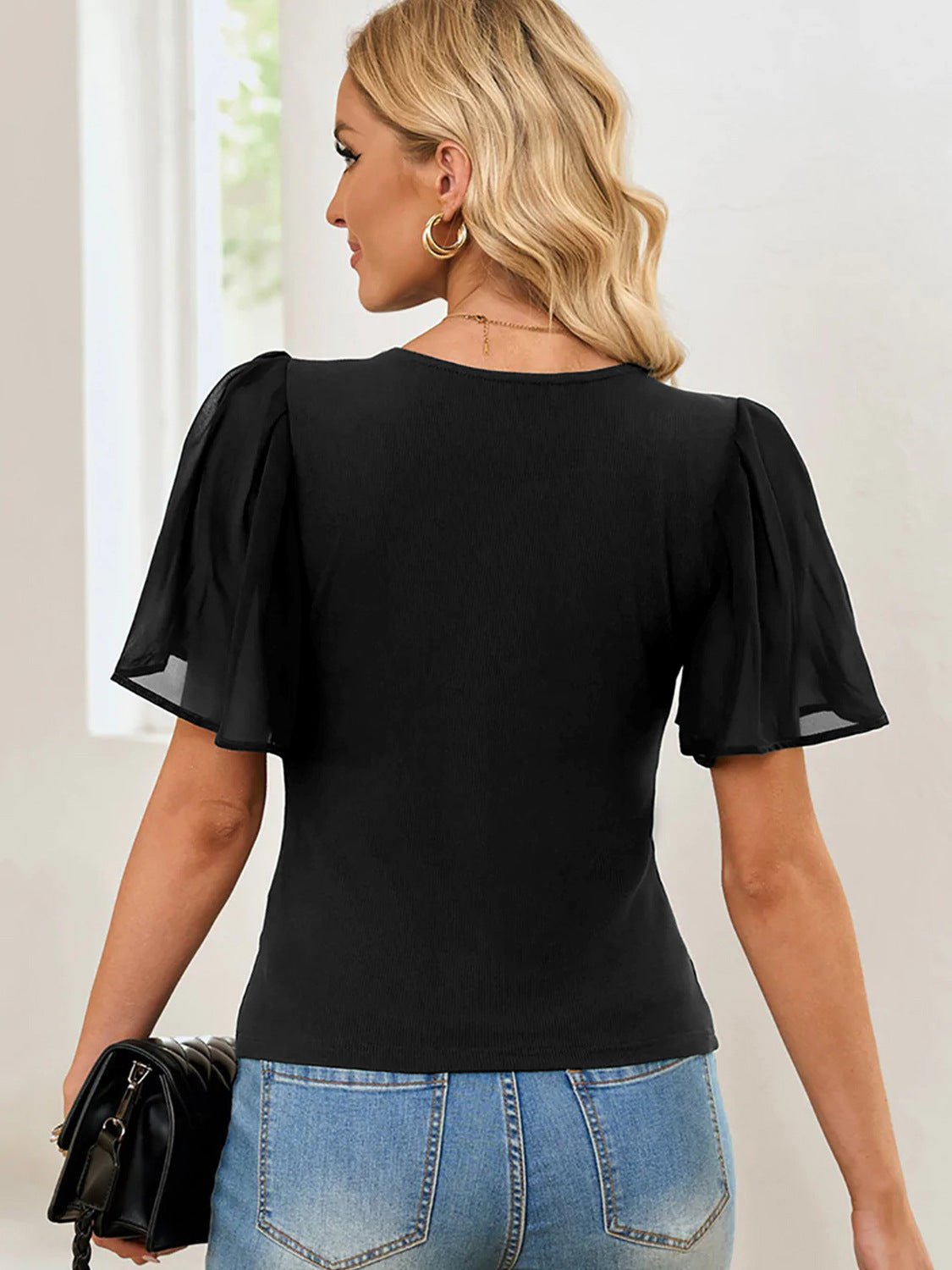 V-Neck Sheer Flutter Sleeve Top - Global Village Kailua Boutique