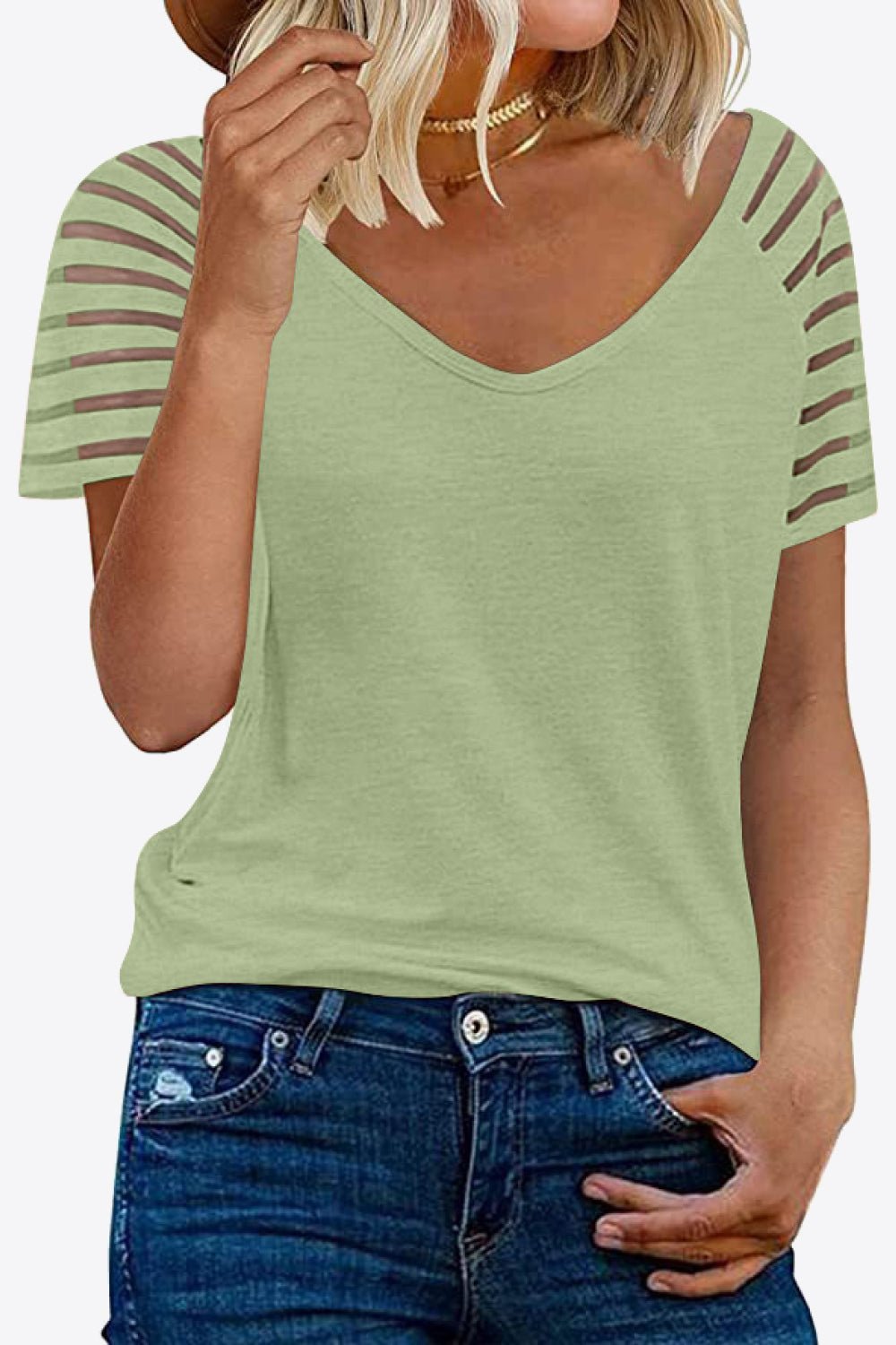 V-Neck Sheer Stripe Sleeve Tee - Global Village Kailua Boutique