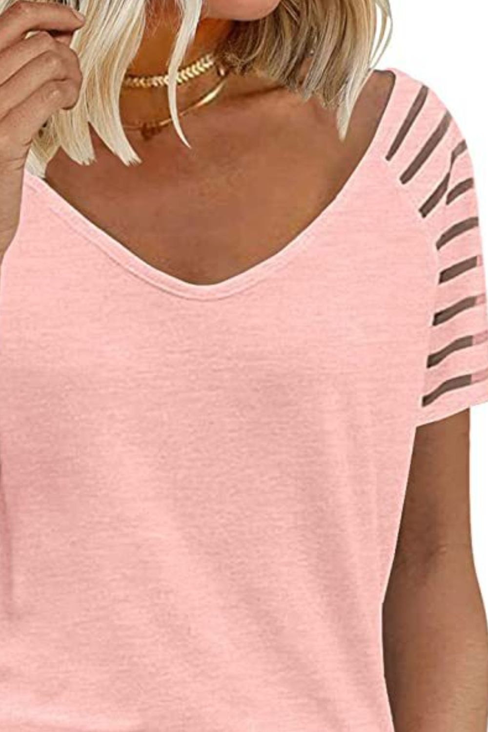 V-Neck Sheer Stripe Sleeve Tee - Global Village Kailua Boutique