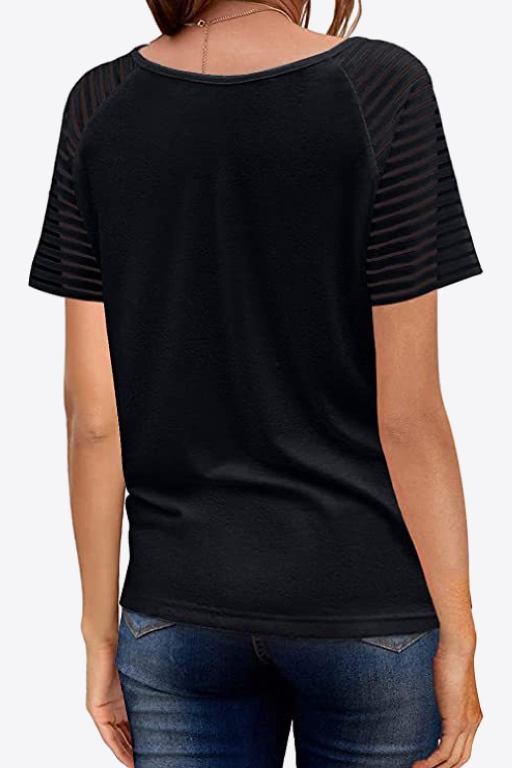 V-Neck Sheer Stripe Sleeve Tee - Global Village Kailua Boutique