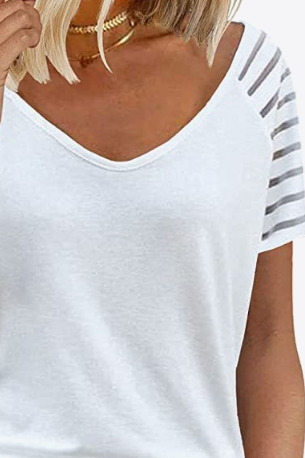 V-Neck Sheer Stripe Sleeve Tee - Global Village Kailua Boutique