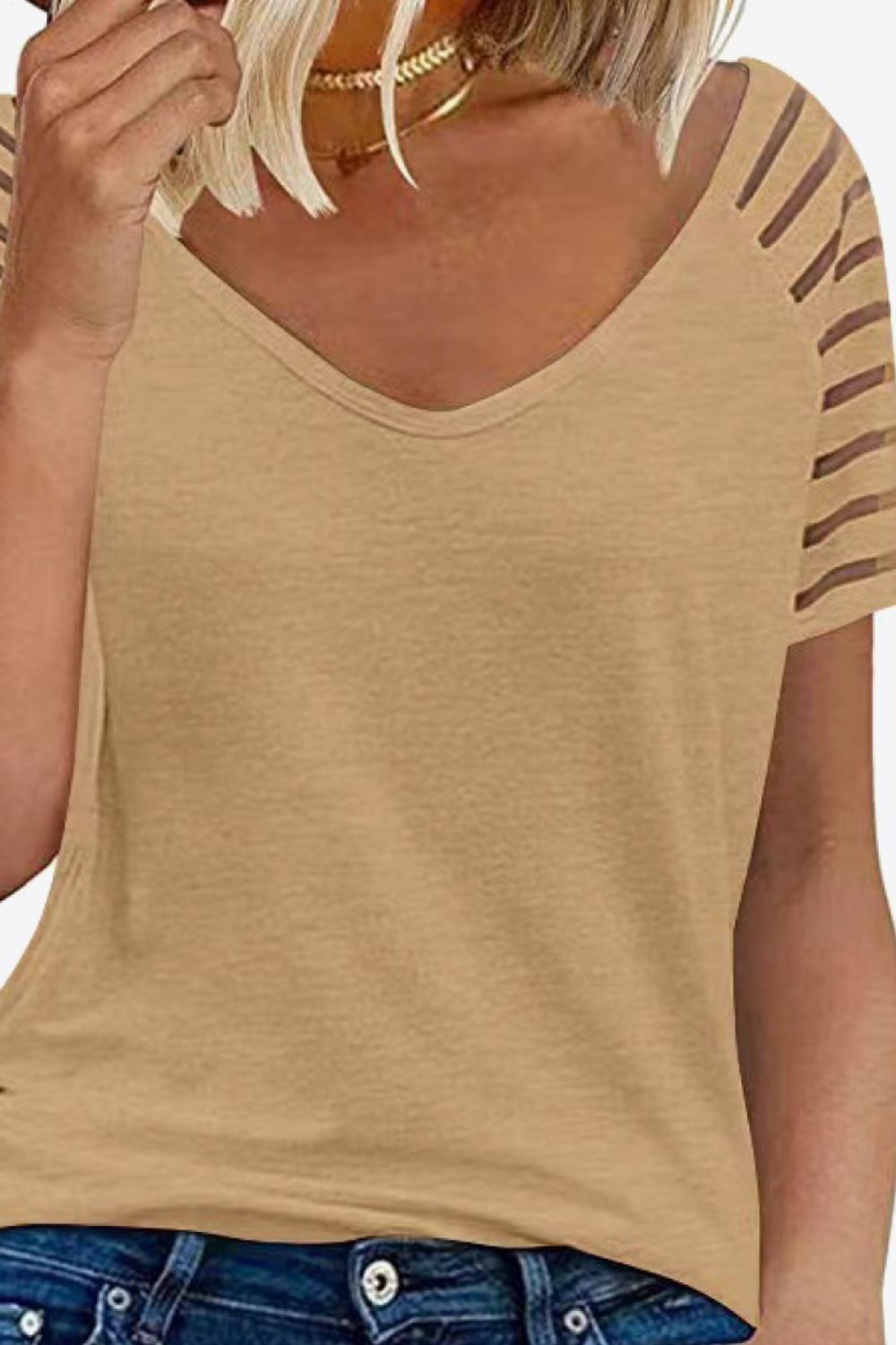 V-Neck Sheer Stripe Sleeve Tee - Global Village Kailua Boutique