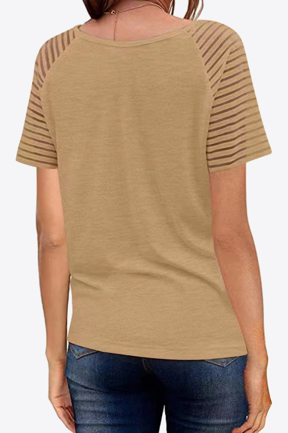 V-Neck Sheer Stripe Sleeve Tee - Global Village Kailua Boutique