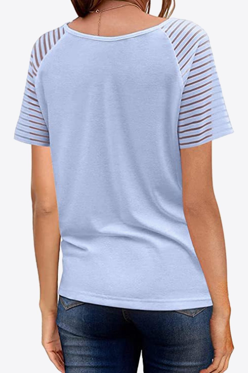 V-Neck Sheer Stripe Sleeve Tee - Global Village Kailua Boutique
