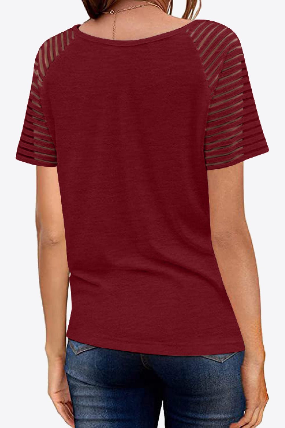 V-Neck Sheer Stripe Sleeve Tee - Global Village Kailua Boutique