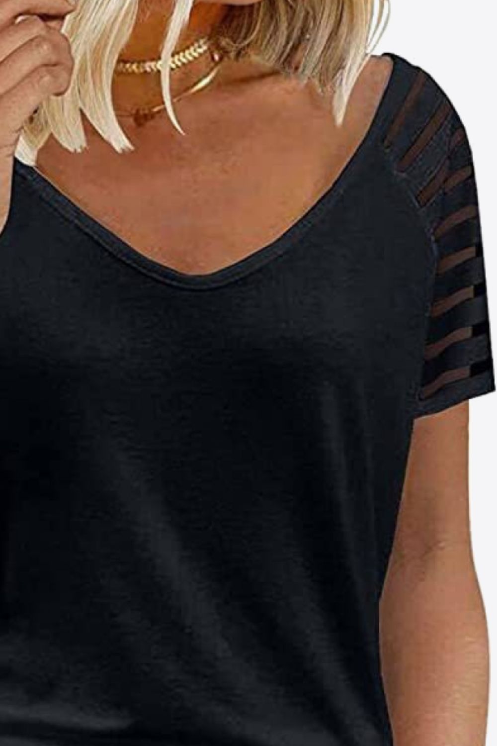 V-Neck Sheer Stripe Sleeve Tee - Global Village Kailua Boutique