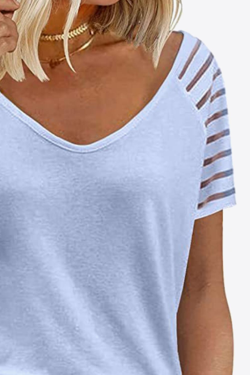 V-Neck Sheer Stripe Sleeve Tee - Global Village Kailua Boutique