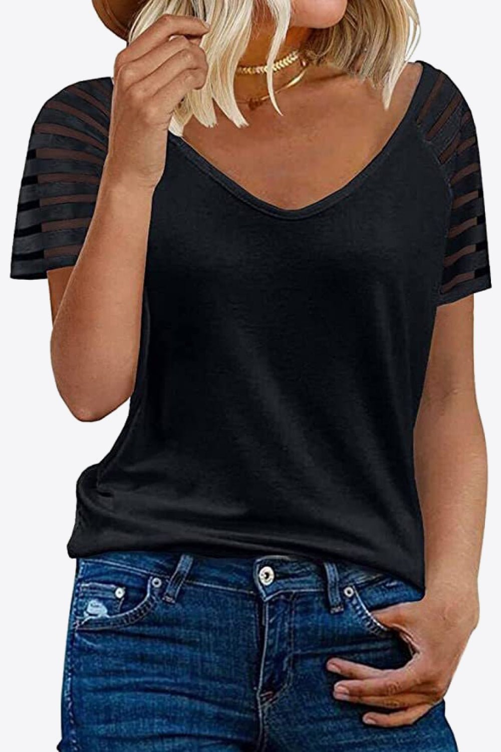 V-Neck Sheer Stripe Sleeve Tee - Global Village Kailua Boutique