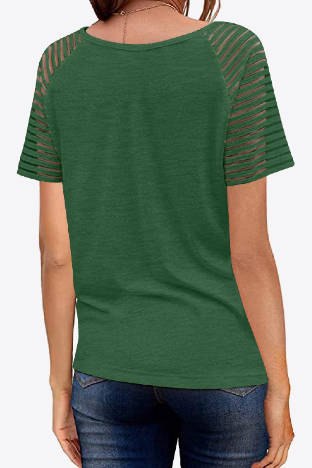 V-Neck Sheer Stripe Sleeve Tee - Global Village Kailua Boutique