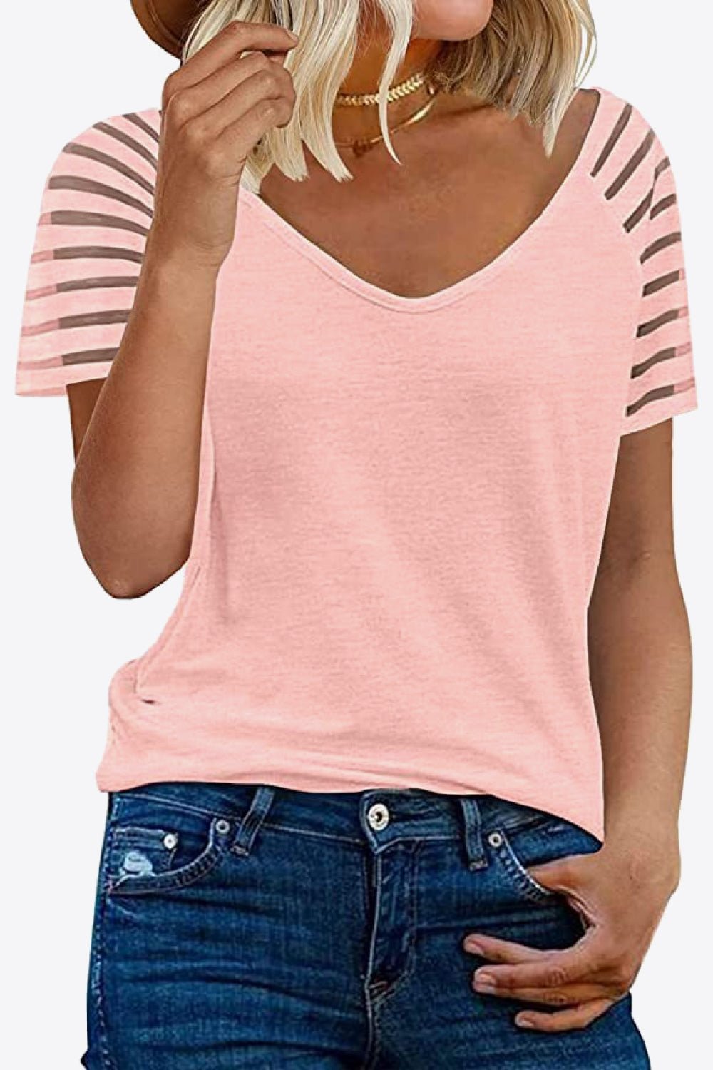 V-Neck Sheer Stripe Sleeve Tee - Global Village Kailua Boutique