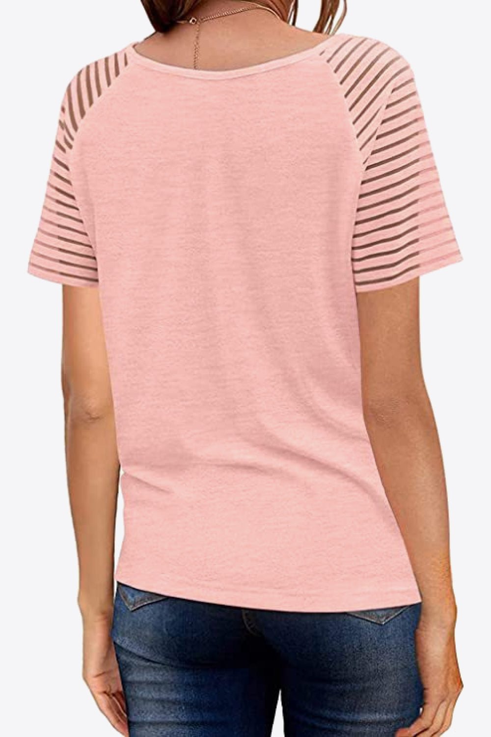 V-Neck Sheer Stripe Sleeve Tee - Global Village Kailua Boutique