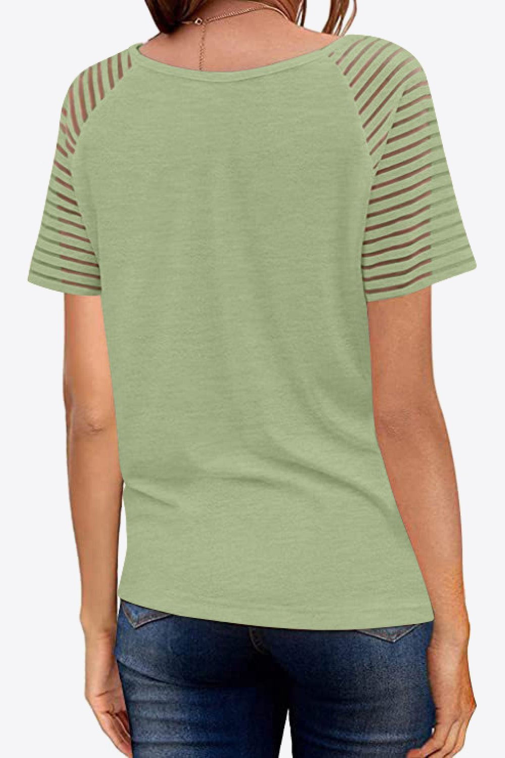 V-Neck Sheer Stripe Sleeve Tee - Global Village Kailua Boutique