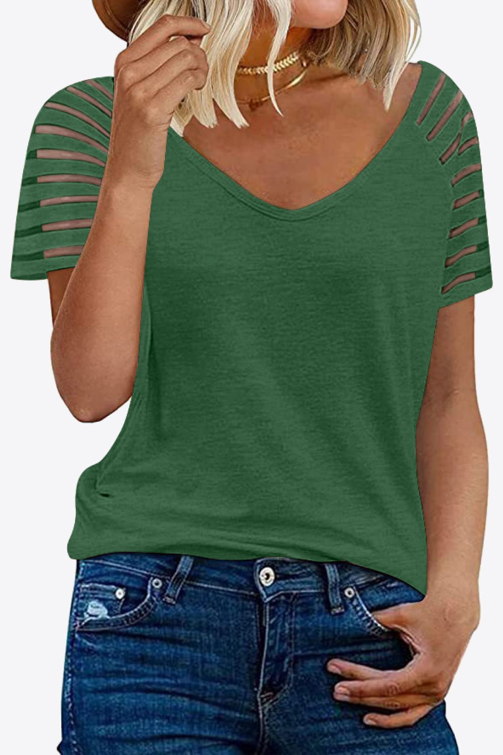 V-Neck Sheer Stripe Sleeve Tee - Global Village Kailua Boutique