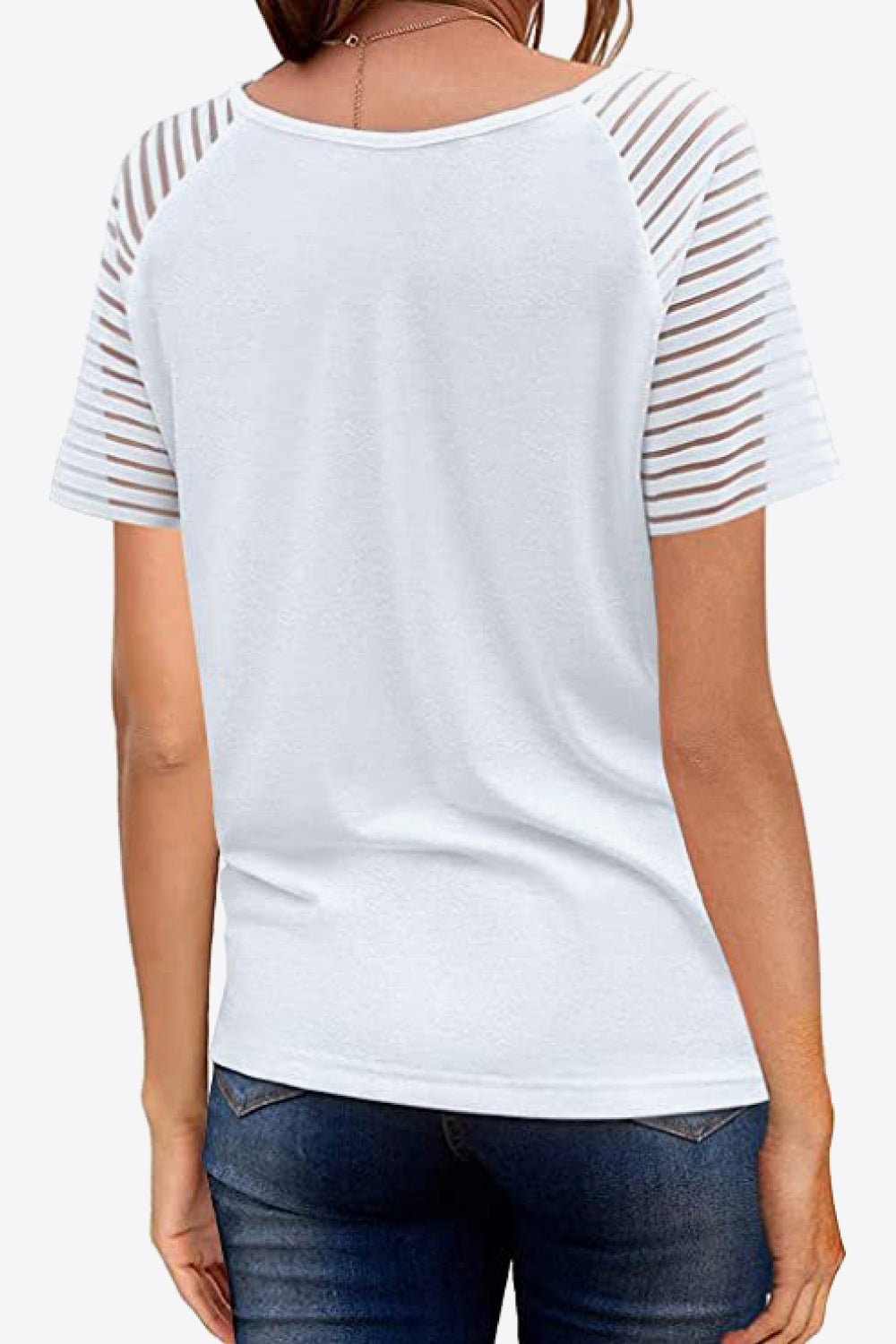 V-Neck Sheer Stripe Sleeve Tee - Global Village Kailua Boutique