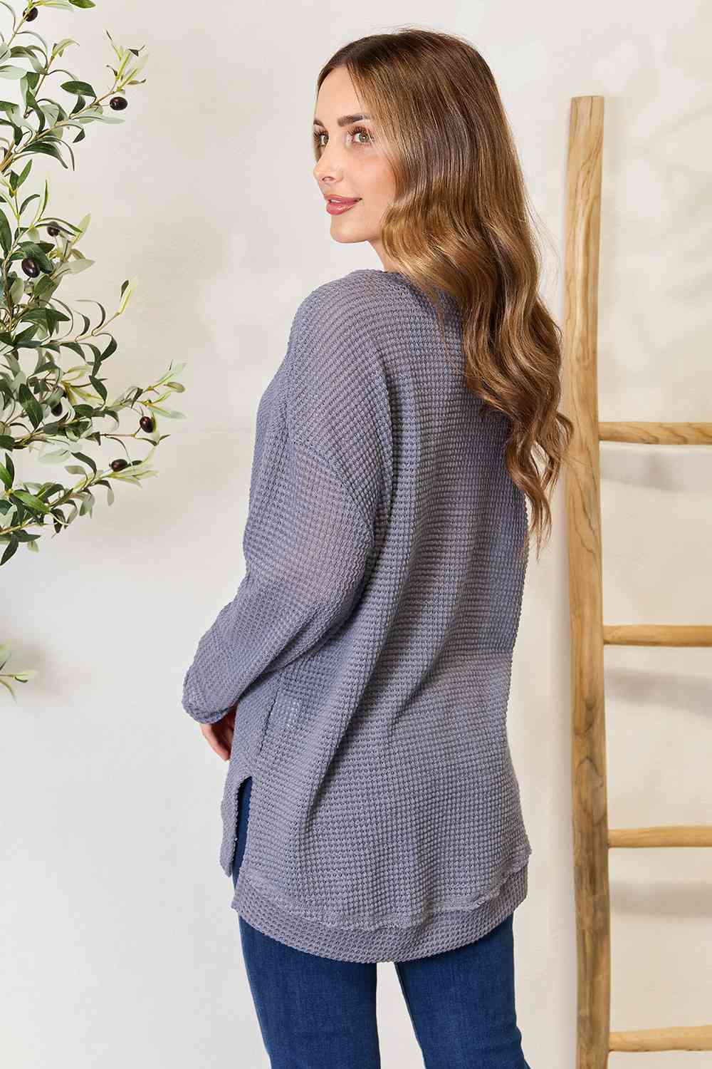 Waffle Knit Round Neck Long Sleeve Top - Global Village Kailua Boutique