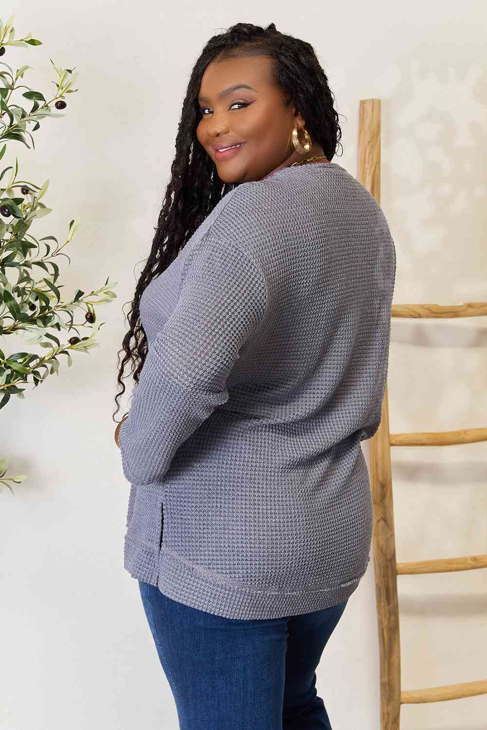Waffle Knit Round Neck Long Sleeve Top - Global Village Kailua Boutique
