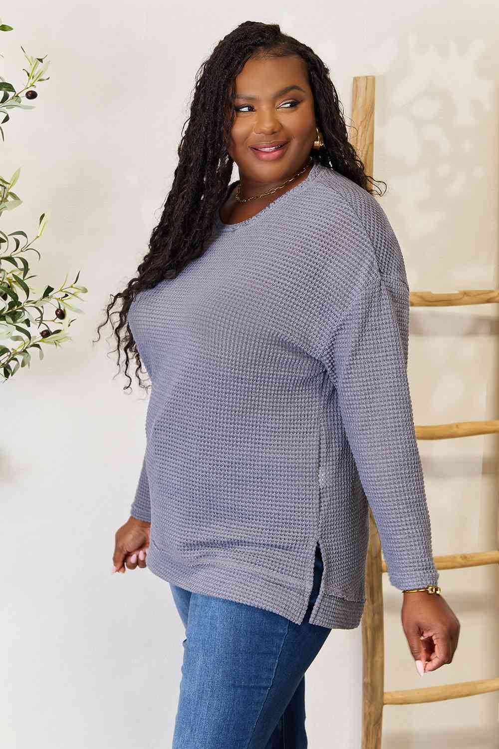 Waffle Knit Round Neck Long Sleeve Top - Global Village Kailua Boutique