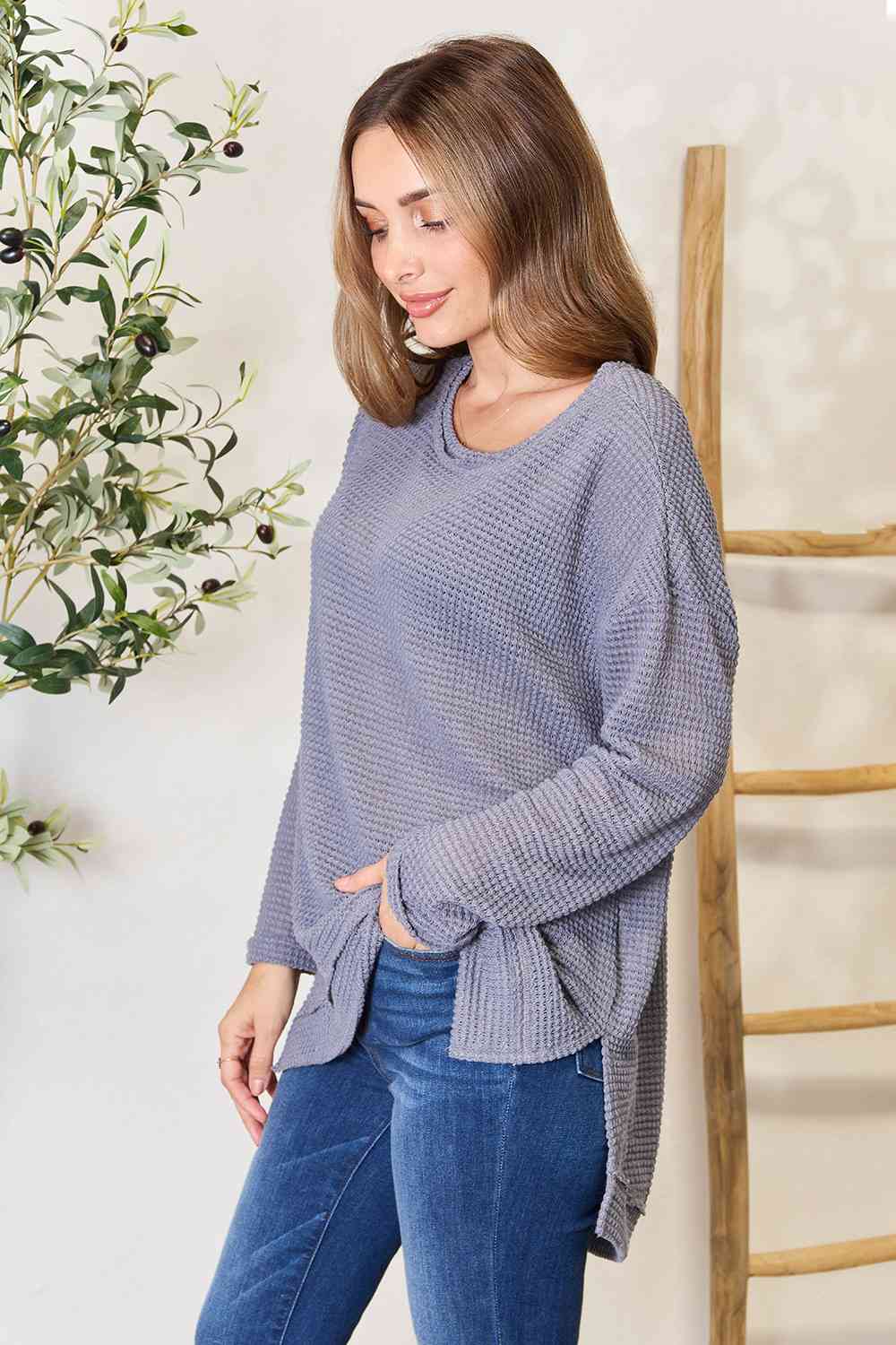 Waffle Knit Round Neck Long Sleeve Top - Global Village Kailua Boutique