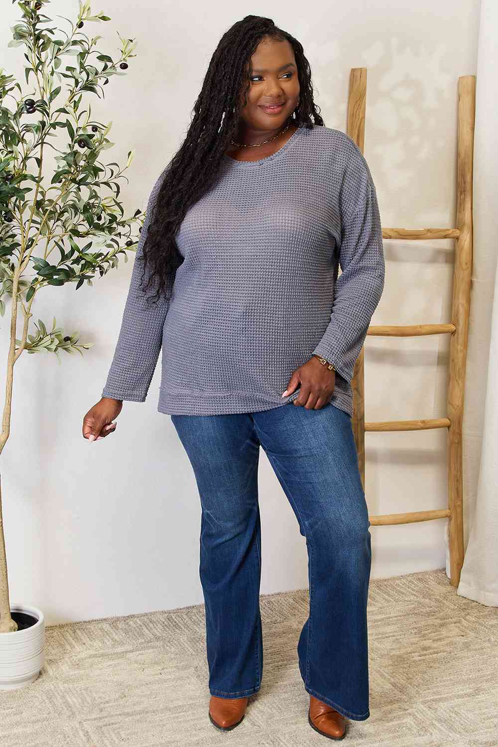 Waffle Knit Round Neck Long Sleeve Top - Global Village Kailua Boutique
