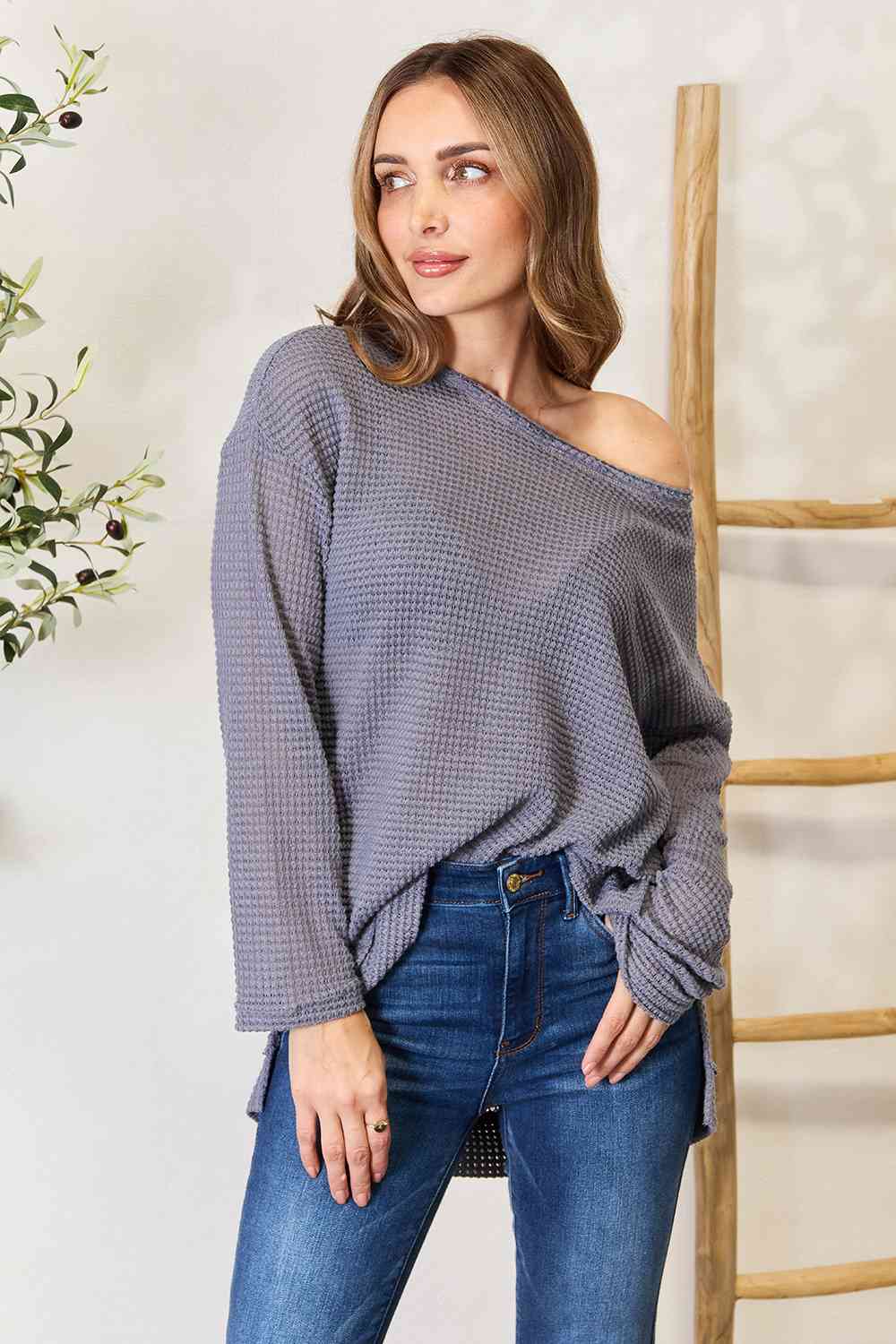 Waffle Knit Round Neck Long Sleeve Top - Global Village Kailua Boutique