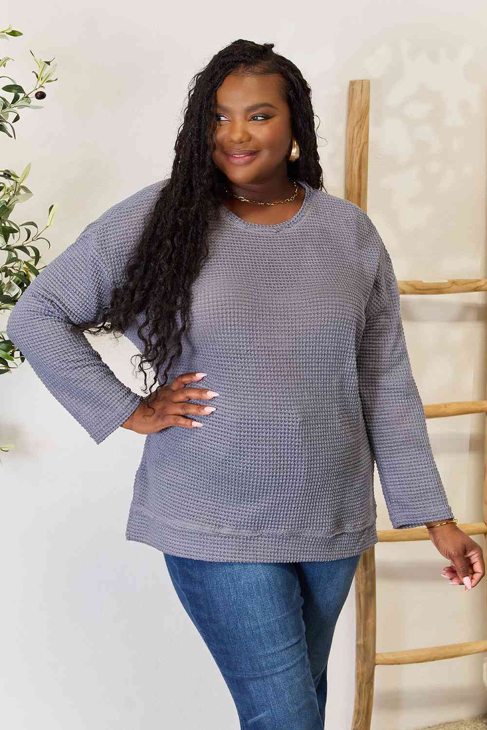 Waffle Knit Round Neck Long Sleeve Top - Global Village Kailua Boutique
