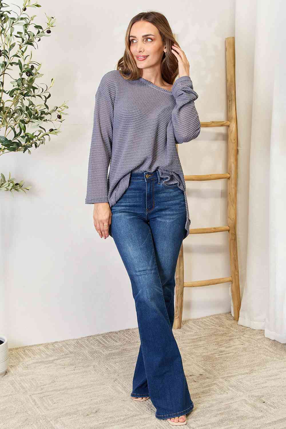 Waffle Knit Round Neck Long Sleeve Top - Global Village Kailua Boutique