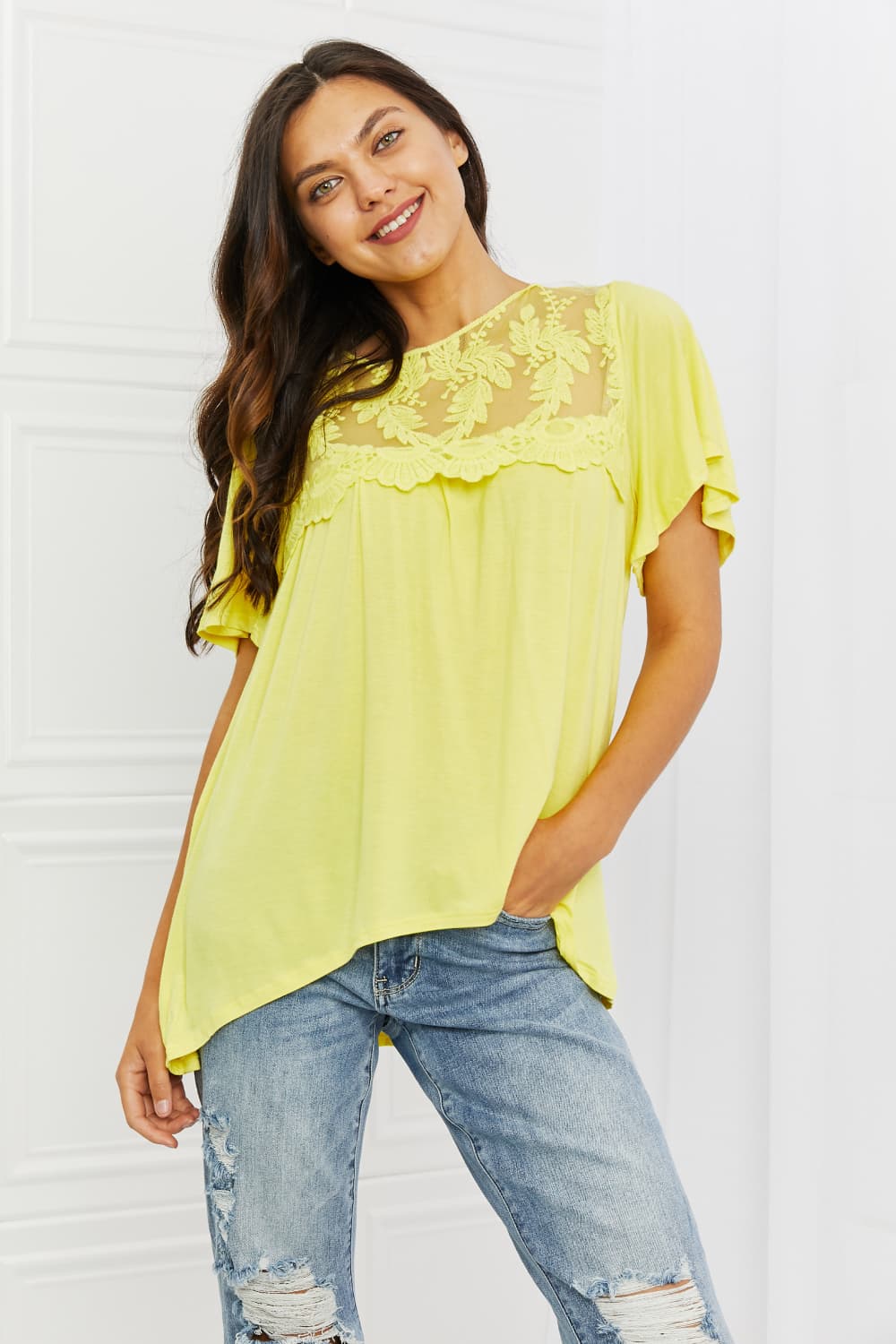 Yellow Lace Detail Top - Global Village Kailua Boutique