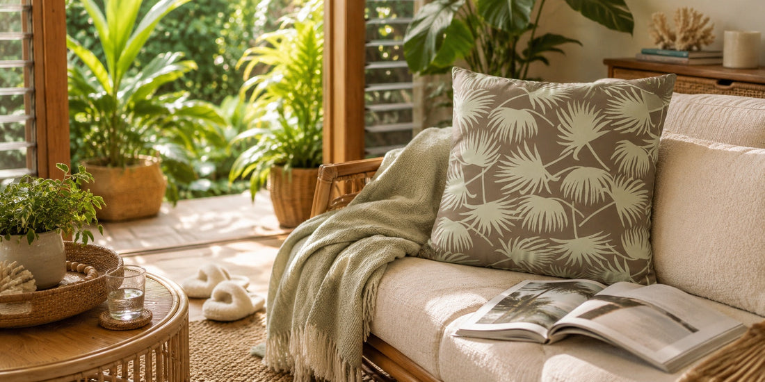 a tropical boho living room featuring a fan palm print pillow on a natural couch