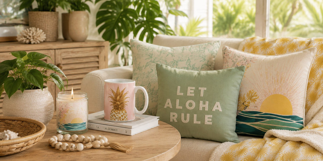 Peaceful island-inspired living room with tropical plants, decorative pillows, throw blanket, candle and pineapple mug in calming colors.