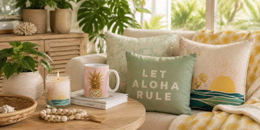 Peaceful island-inspired living room with tropical plants, decorative pillows, throw blanket, candle and pineapple mug in calming colors.