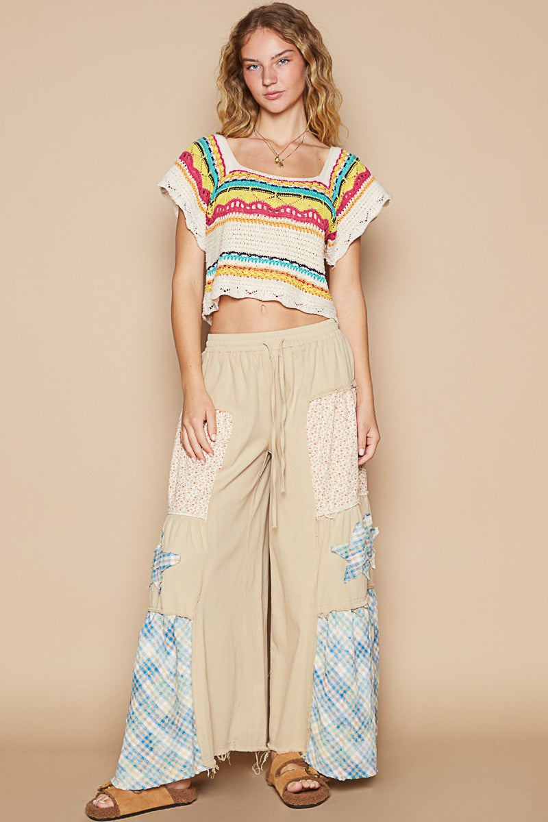 Openwork Rainbow Square Neck Cropped Knit Top