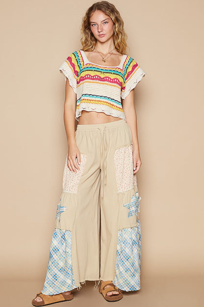 Openwork Rainbow Square Neck Cropped Knit Top